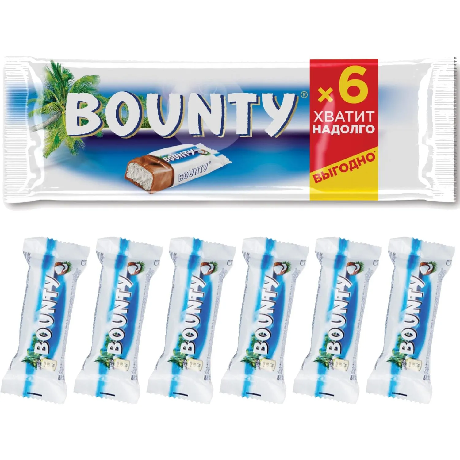 Шоколадный батончик Bounty с мякотью кокоса, 27,5гx6шт/уп