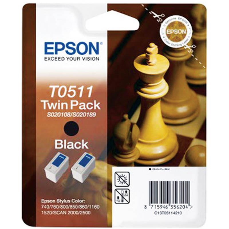 Картридж ориг. Epson T0511, упак 2шт., черный для Stylus 740/760/800/860/1160/1520 (2*24мл)