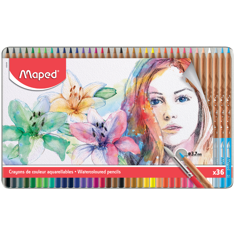 Карандаши акварельные Maped 36цв.+кисть, заточен., метал. пенал