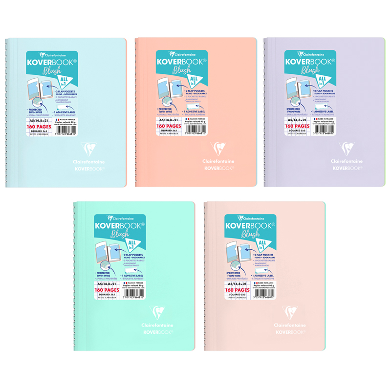 Тетрадь 80л., А5, клетка на гребне Clairefontaine "Koverbook Blush", пластиковая обложка,  90г/м2