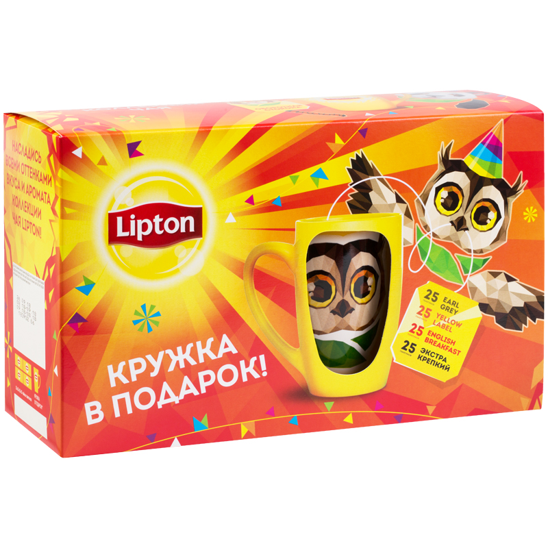Подарочный набор чая Lipton "Black tea with mug fstv", 4 вкуса, 100 пакетиков + кружка, картон. кор.