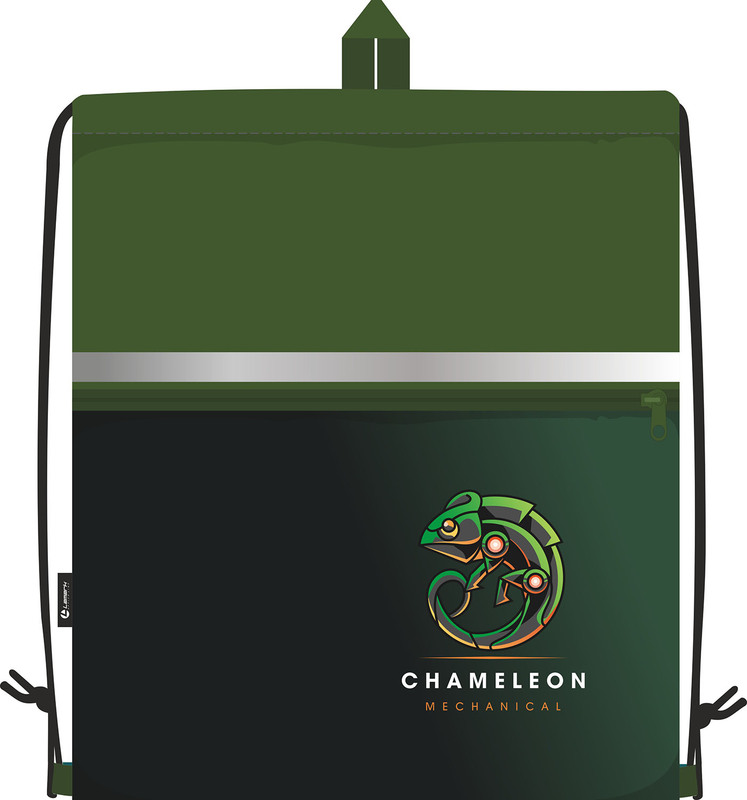 Сумка для сменной обуви Lamark "Chameleon/Хамелеон", 41х48 см, на шнурке, карман на молнии, полноцв. печать на кармане, светоотр. лента, ручка-петля