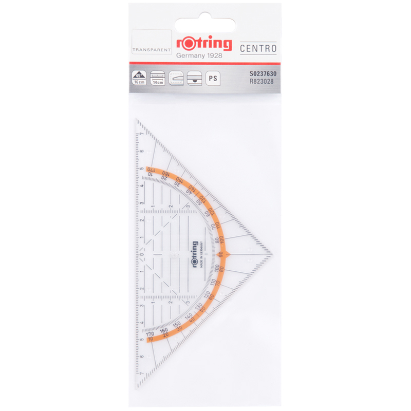 Треугольник-транспортир 45°, 14см Rotring "Centro", пластиковый, прозрачный, европодвес