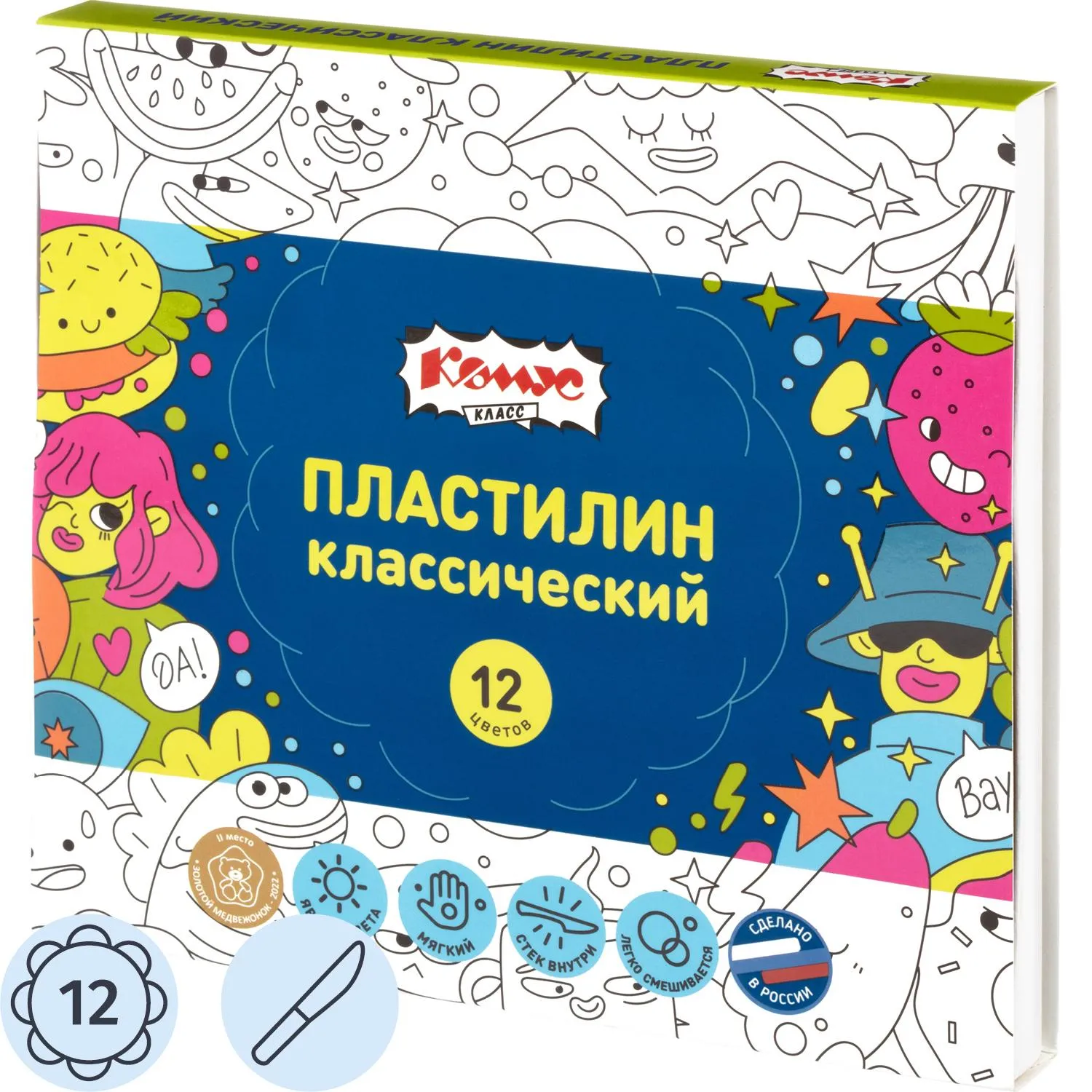 Пластилин классический Комус Класс Максики 12 цв/наб, 240г, со стеком