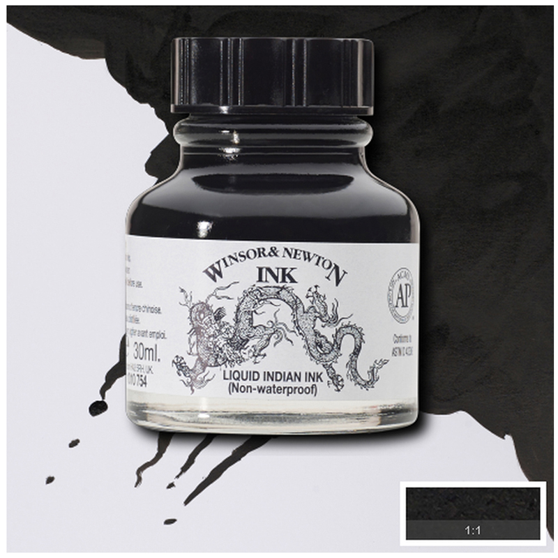 Тушь Winsor&Newton для рисования, черный китайский ("Дракон"), 30мл, стекл. флакон, неводоустойчивая