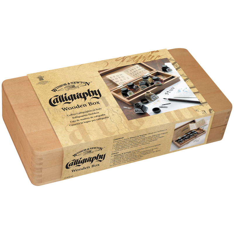 Набор туши художественной Winsor&Newton для каллиграфии, 8шт., 14мл, черный, 5 наконечников для перьев, подставка, инструкция, стекл. флакон, в деревя