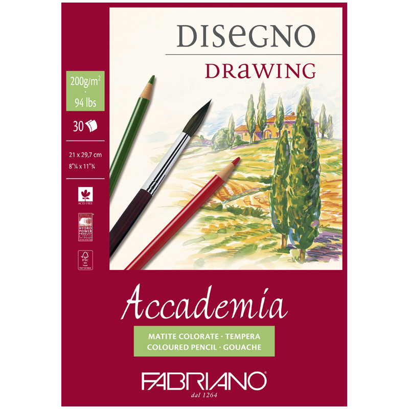 Скетчбук 30л. А4 на склейке Fabriano "Accademia", 200г/м2, мелокзернистая бумага