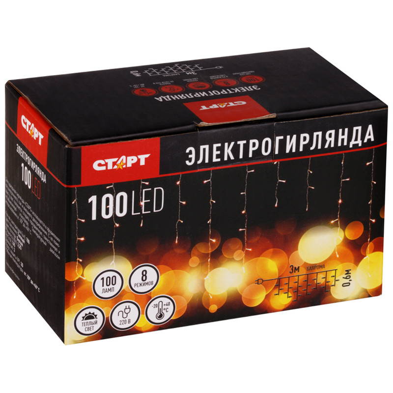 Электрогирлянда Старт "Бахрома", 100 ламп,  белый, 8 режимов, 3м
