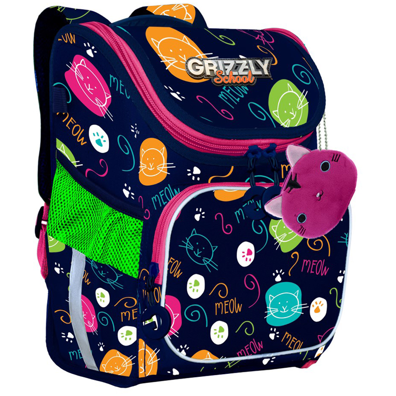 Ранец Grizzly, 26*35*16см, 1 отделение, 3 кармана, укрепленная спинка, котики мяу