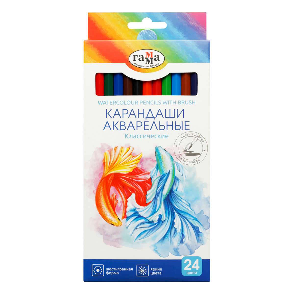 УЦЕНКА - Карандаши акварельные Гамма "Классические", 24цв., шестигранные, заточен., с кистью, картон. упак., европодвес (осн 356618)