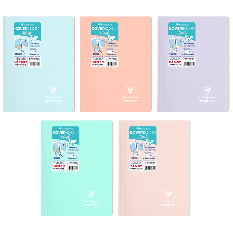 Тетрадь 80л., А4, клетка на гребне Clairefontaine "Koverbook Blush",  пластиковая обложка, 90г/м2