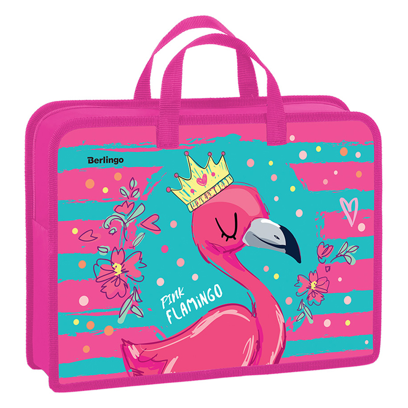 Папка с ручками 340*245*75 Berlingo "Flamingo style", А4, 1 отделение, пластик, на молнии