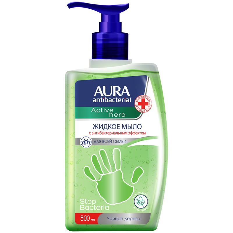 Мыло жидкое Aura "Antibacterial", антибактериальное, с дозатором, чайное дерево, 500мл