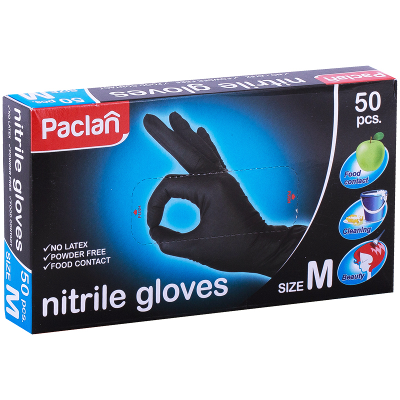 Перчатки нитриловые Paclan "Practi", M, черные, 50шт., картон. коробка