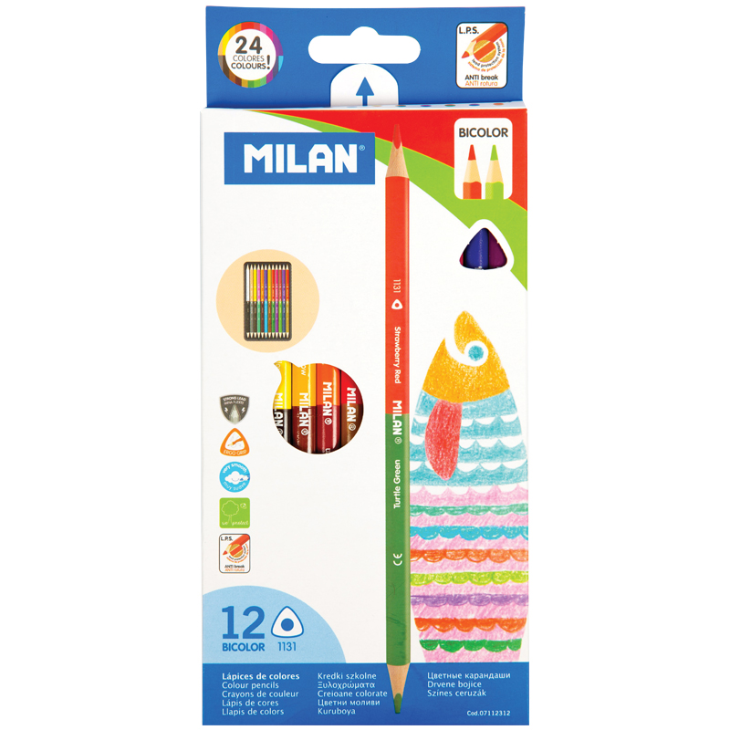 Карандаши цветные двусторонние Milan "1131", 24цв., 12шт., трехгран., заточен., картон, европодвес