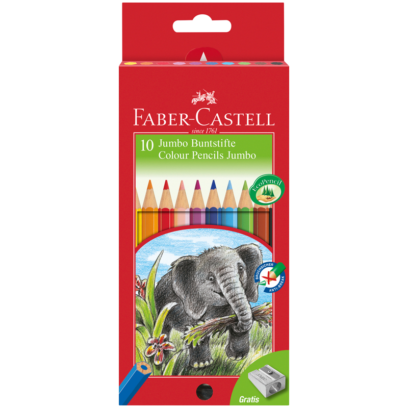 Карандаши цветные Faber-Castell "Jumbo", 10цв., утолщен., заточен., картон, европодвес, с точилкой