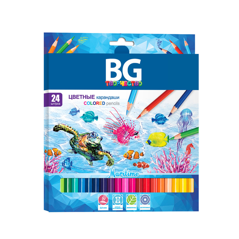 Карандаши цветные BG "Maritime", 24цв., шестигранные, 2,8мм, европодвес