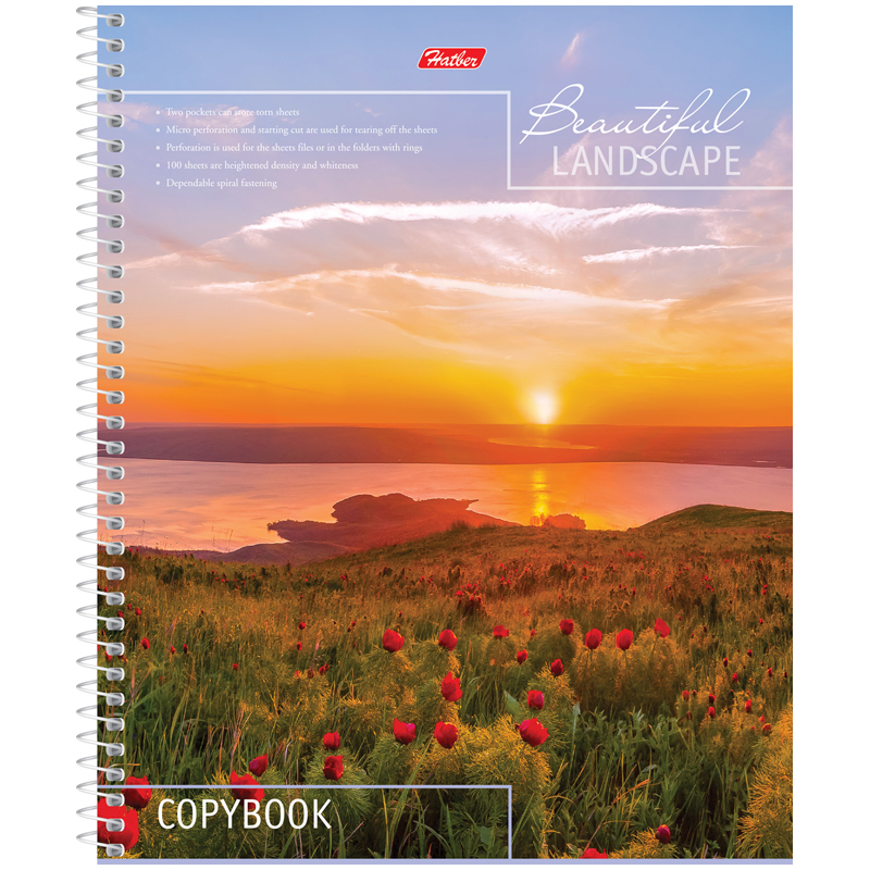 Тетрадь 100л., А5, клетка на спирали Hatber "Очарование заката", с карманом