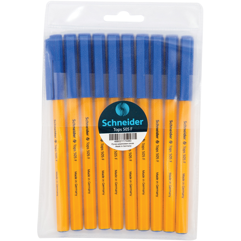 Набор шариковых ручек Schneider "Tops 505 F" 10шт., синие, 0,8мм, оранжевый корпус