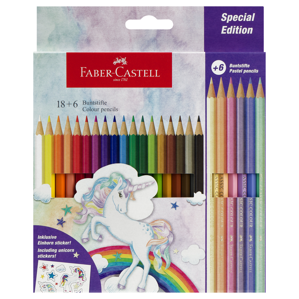 УЦЕНКА - Карандаши цветные Faber-Castell "Unicorn", 18цв., шестигр., заточ.+6 паст. цв., картон, европодвес (осн 375098)
