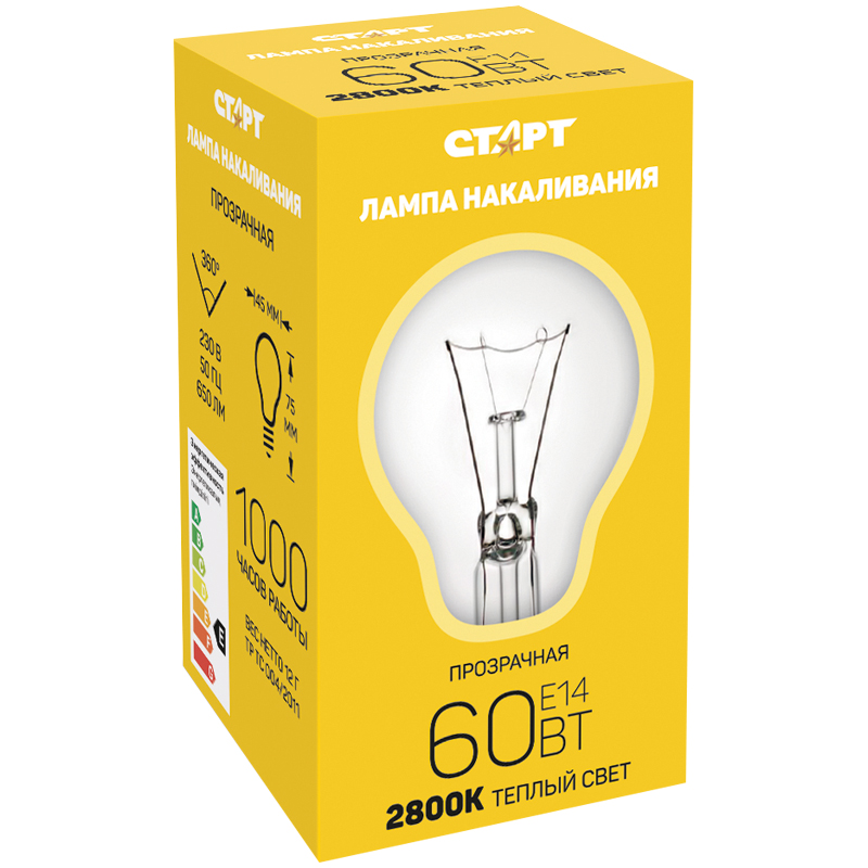 Лампа накаливания Старт ДШ 60W, E14, прозрачная