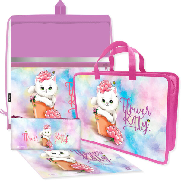 Набор подарочный детский Lamark Flower Kitty/Котёнок с цветком: папка-портф. А4 с руч., сумка д/обуви, косметичка, альбом А4