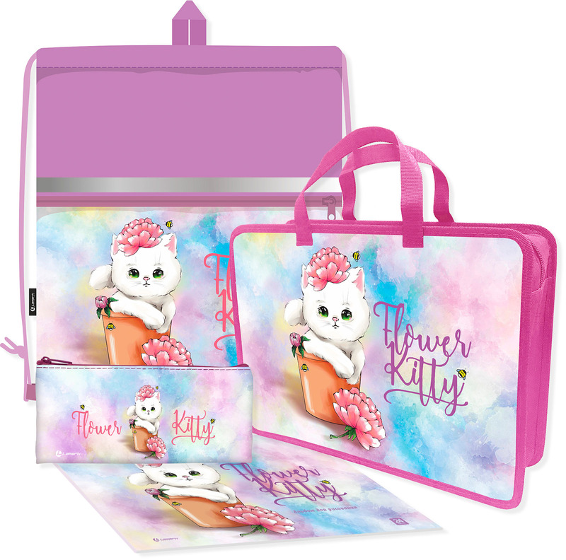 Набор подарочный детский Lamark Flower Kitty/Котёнок с цветком: папка-портф. А4 с руч., сумка д/обуви, косметичка, альбом А4