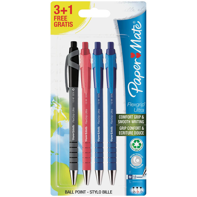 Набор автоматических шариковых ручек Paper Mate "FlexGrip Ultra", 4шт., 3цв., 1,0мм блистер