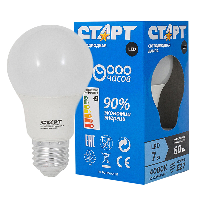 Лампа светодиодная Старт LED, серия "Стандарт"  7W40, тип А"груша", Е27,4000К, холодный свет, 30000ч
