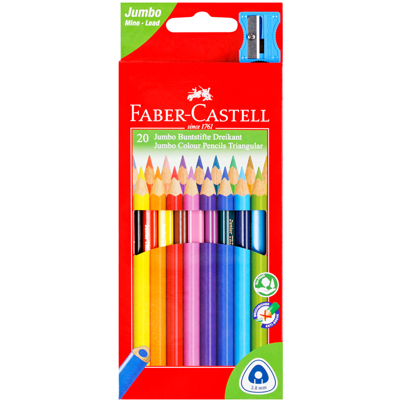 Карандаши цветные Faber-Castell "Jumbo" 20цв., трехгран., утолщ., заточен., картон, европодвес, с точилкой