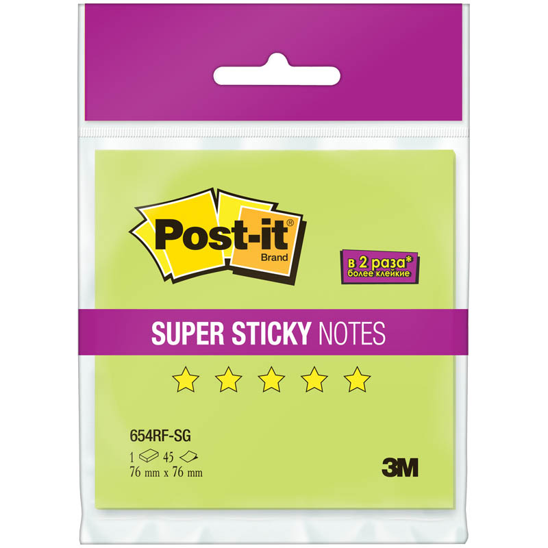 Самоклеящийся блок Super Sticky 76*76 мм, 45 л, зеленый неон, европодвес