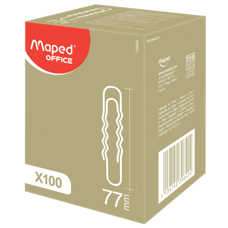 Скрепки 77мм, Maped, 100шт., никелированные гофрированные, карт. упак.