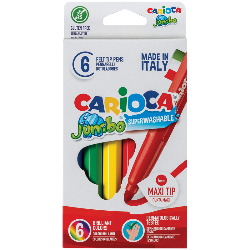 Фломастеры Carioca "Jumbo", 06цв., утолщенные, смываемые, картон, европодвес