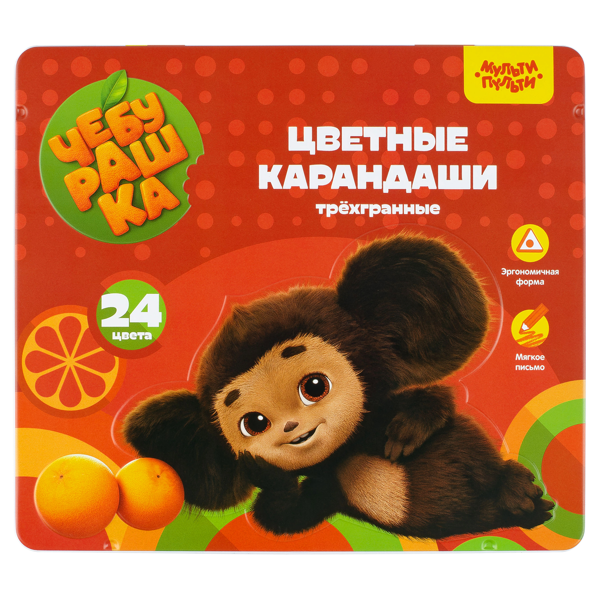 УЦЕНКА - Карандаши цветные Мульти-Пульти "Чебурашка", 24цв., трехгран., заточен., метал. пенал (осн 357203)