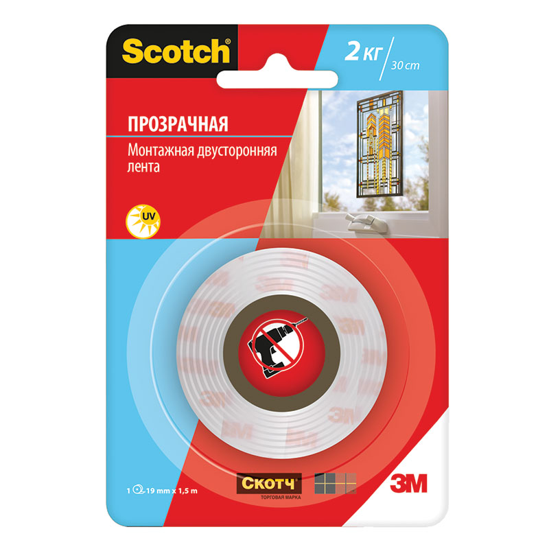 Клейкая лента двусторонняя Scotch, 19мм*1,5м, монтажная, прозрачная, блистер