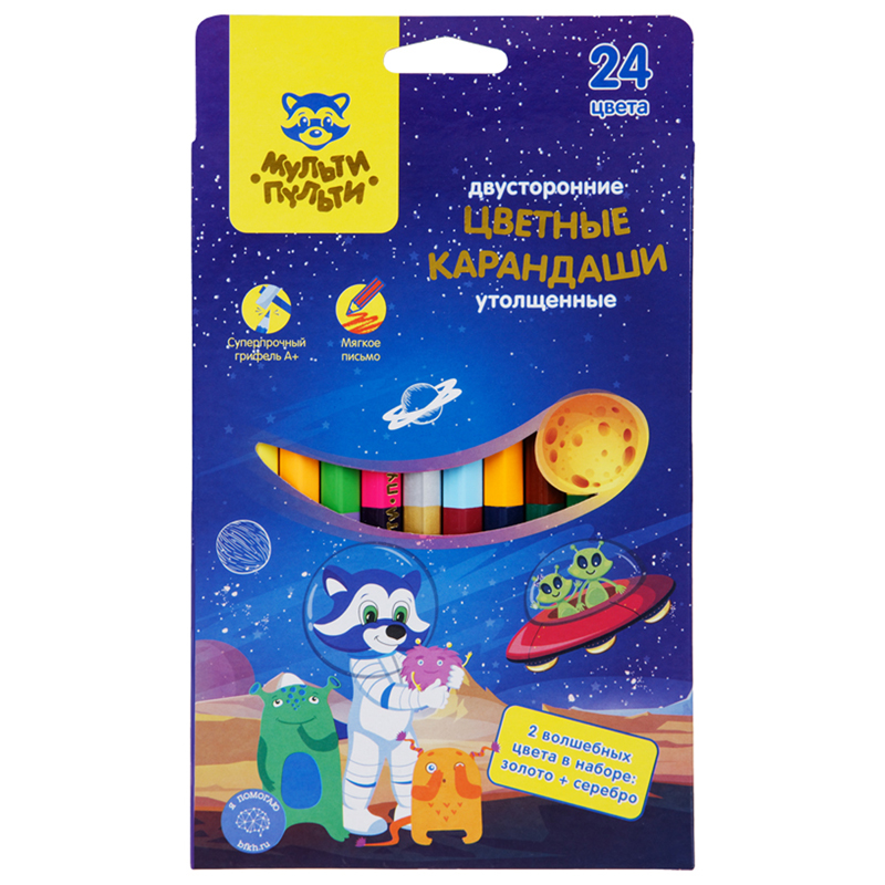 УЦЕНКА - Карандаши цветные Мульти-Пульти "Енот в космосе", 24цв., 12шт., двусторонние, утолщенные, заточен., европодвес (осн 304694)