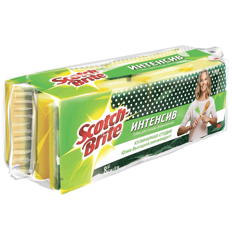 Губки для посуды Scotch-Brite "Интенсив", поролон с абразивным слоем, 6,7*9,3см, 8шт.