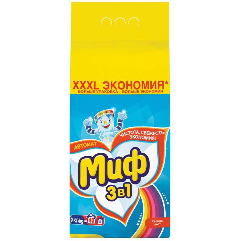 Стиральный порошок для машинной стирки Миф 3в1 "Свежий цвет", 9кг