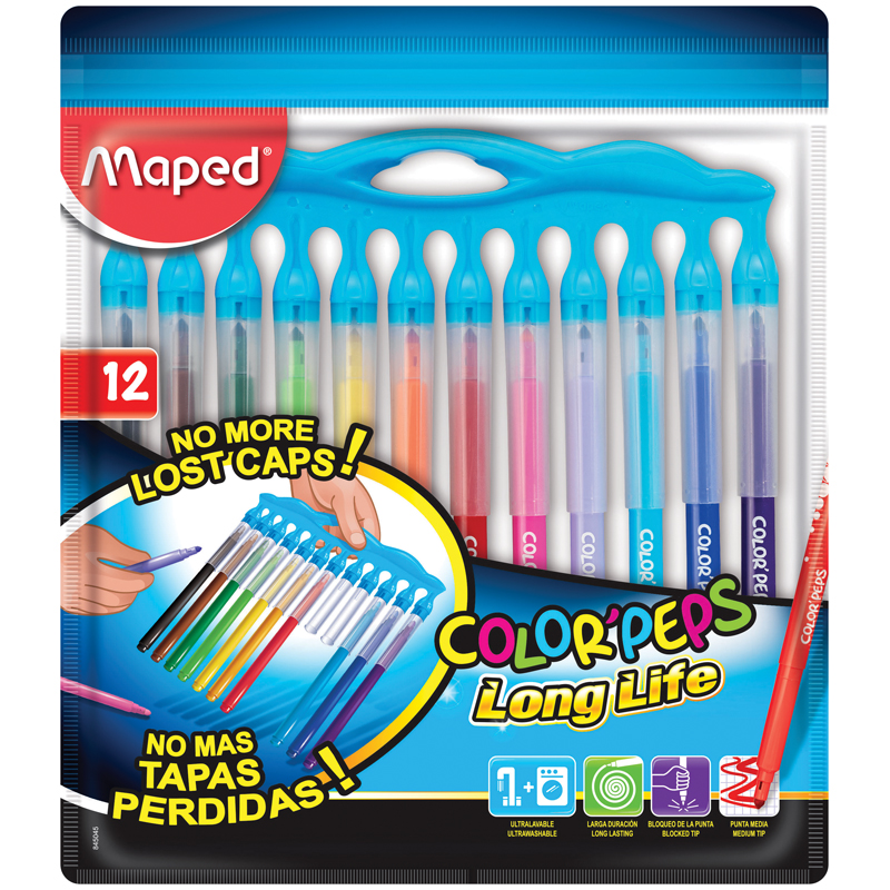 Фломастеры Maped "Color Pep's Long Life", 12цв., смываемые, нетеряющиеся колпачки, ПВХ, европодвес