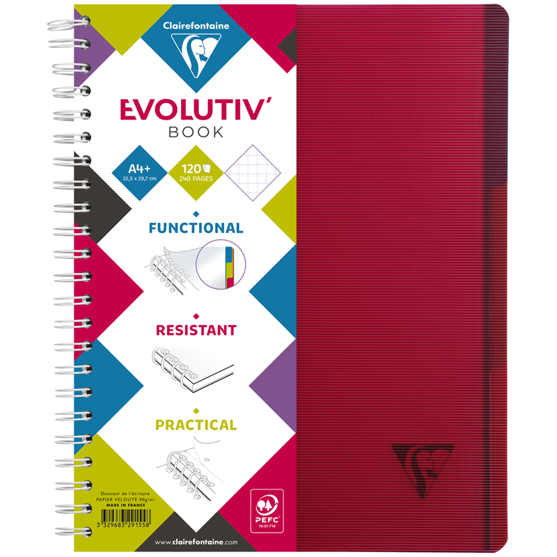 Бизнес-тетрадь 120л., А4+, клетка на гребне Clairefontaine "Evolutiv'Book", пластик. обложка, красная, 90г/м2