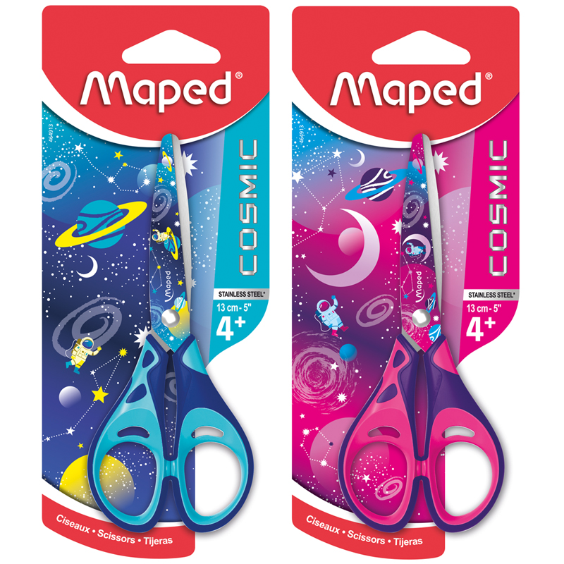 Ножницы детские Maped "Cosmic Kids", 13см, прорез. ручка и декор. лезв, симметр, узор космос, блистер, ассорти