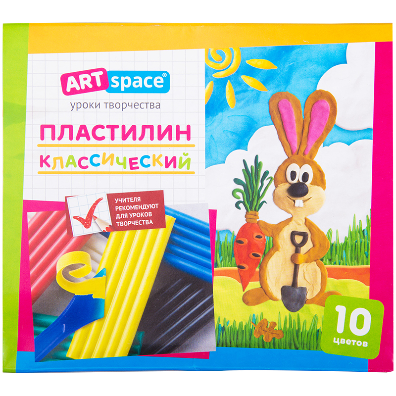 Пластилин ArtSpace, 10 цветов, со стеком, картон
