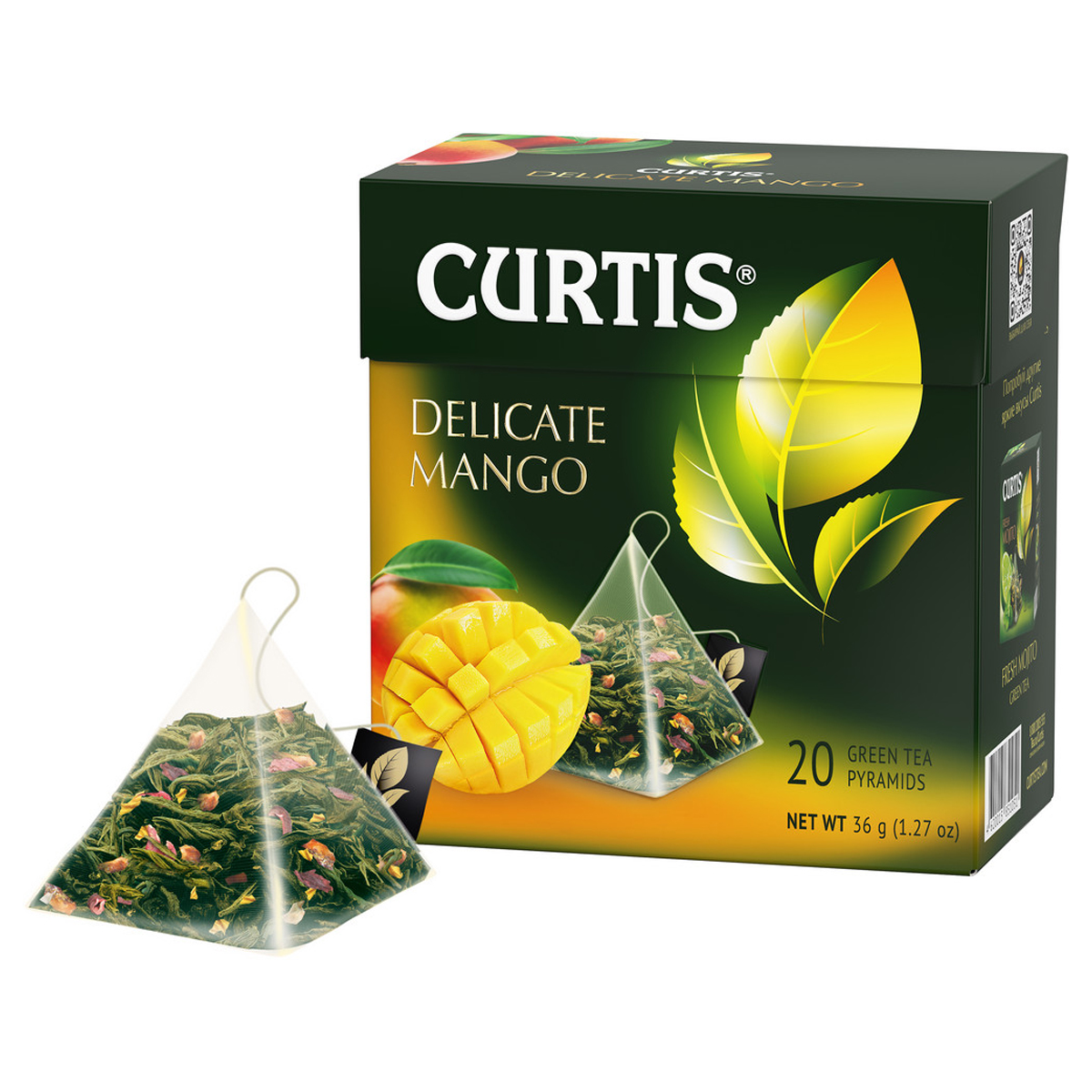 Чай Curtis "Delicate Mango Green Tea", зеленый, аромат, 20 пакетиков-пирамидок по 1,8г