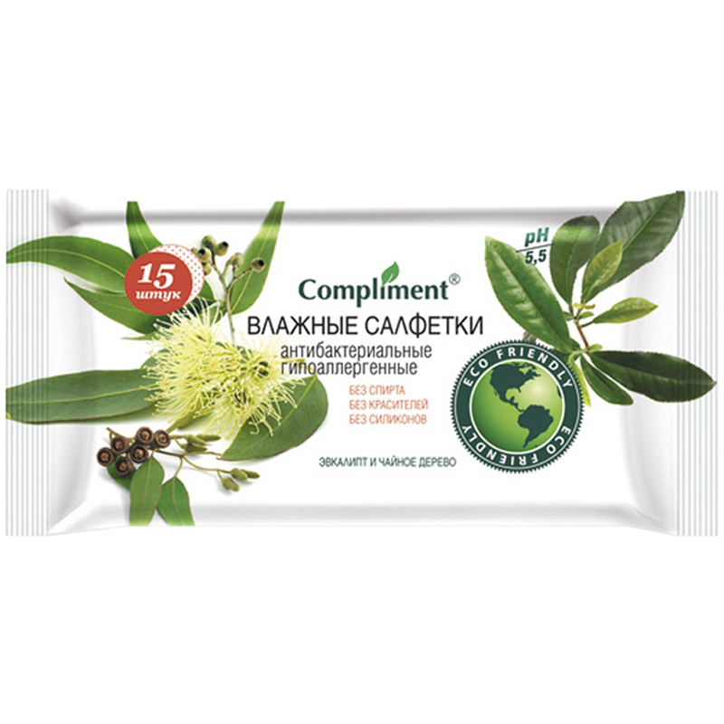Салфетки влажные Compliment, 15*20см, 15шт., антибактериальные, эвкалипт и чайное дерево