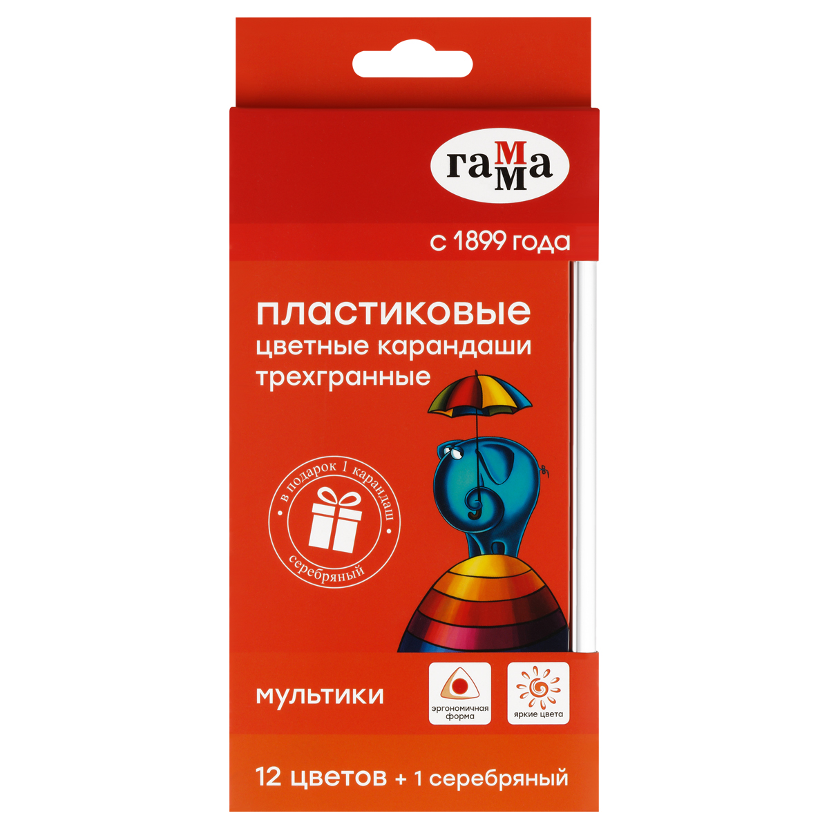 УЦЕНКА - Карандаши цветные пластиковые Гамма "Мультики", 12цв. +1 серебряный, трехгранные, заточен., картон., европодвес