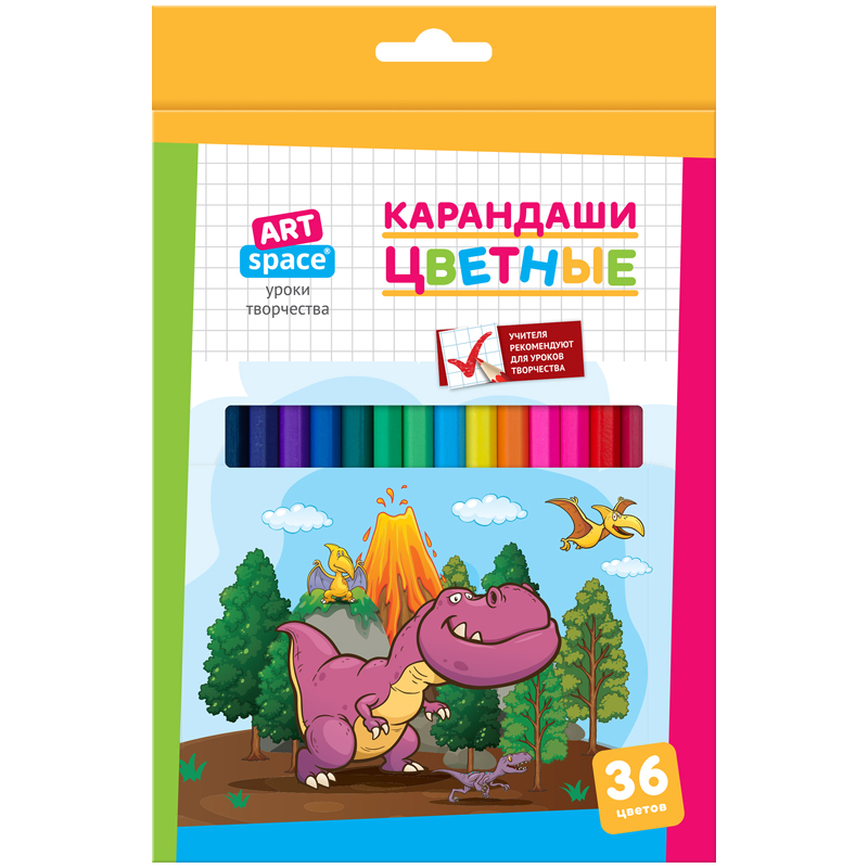 Карандаши цветные ArtSpace "Динозаврики", 36цв., заточен., картон, европодвес