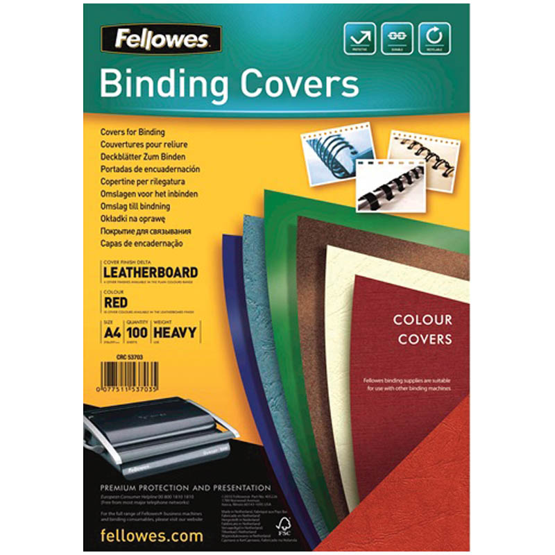 Обложка А4 Fellowes "Дельта" 250г/кв.м, красный картон, тиснение под кожу, 100л.