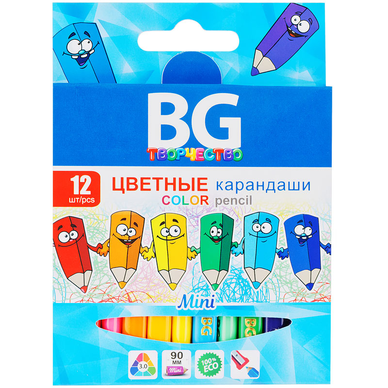 Карандаши цветные BG "Mini", 12цв., трехгранные, 3,0мм, заточенные, европодвес