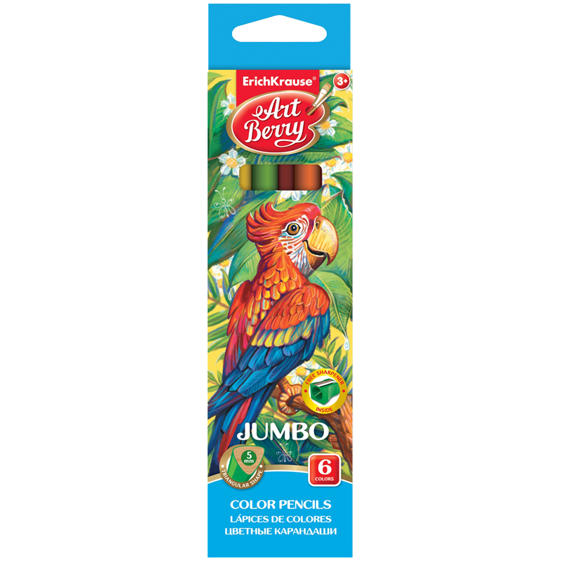 Карандаши цветные ArtBerry "Jumbo" 06цв., утолщенные, трехгран., заточен., картон, европодвес
