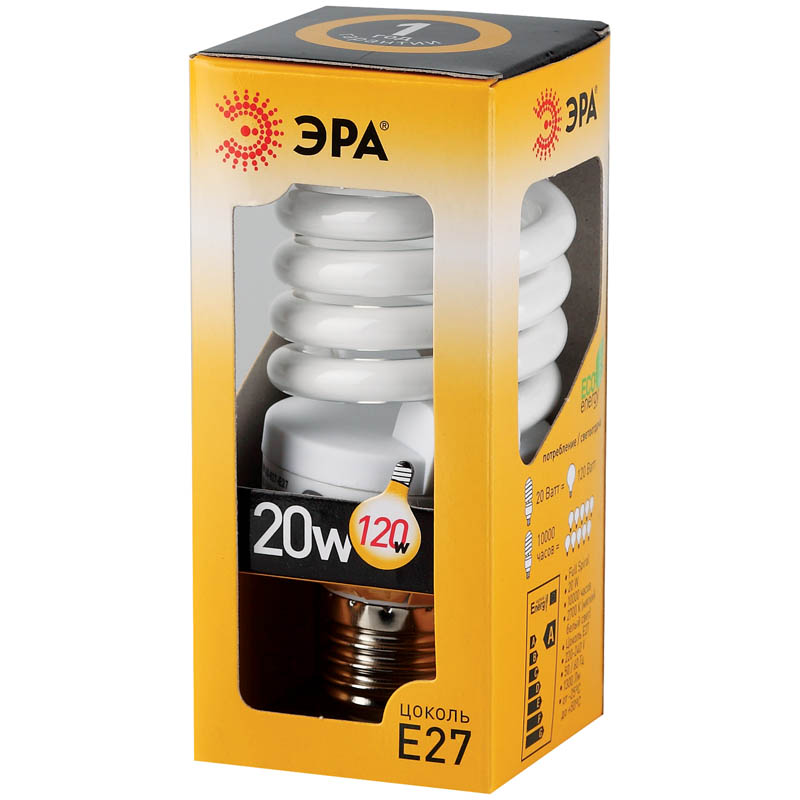 Лампа энергосберегающая ЭРА F-SP 20W, 827 E27, теплый свет